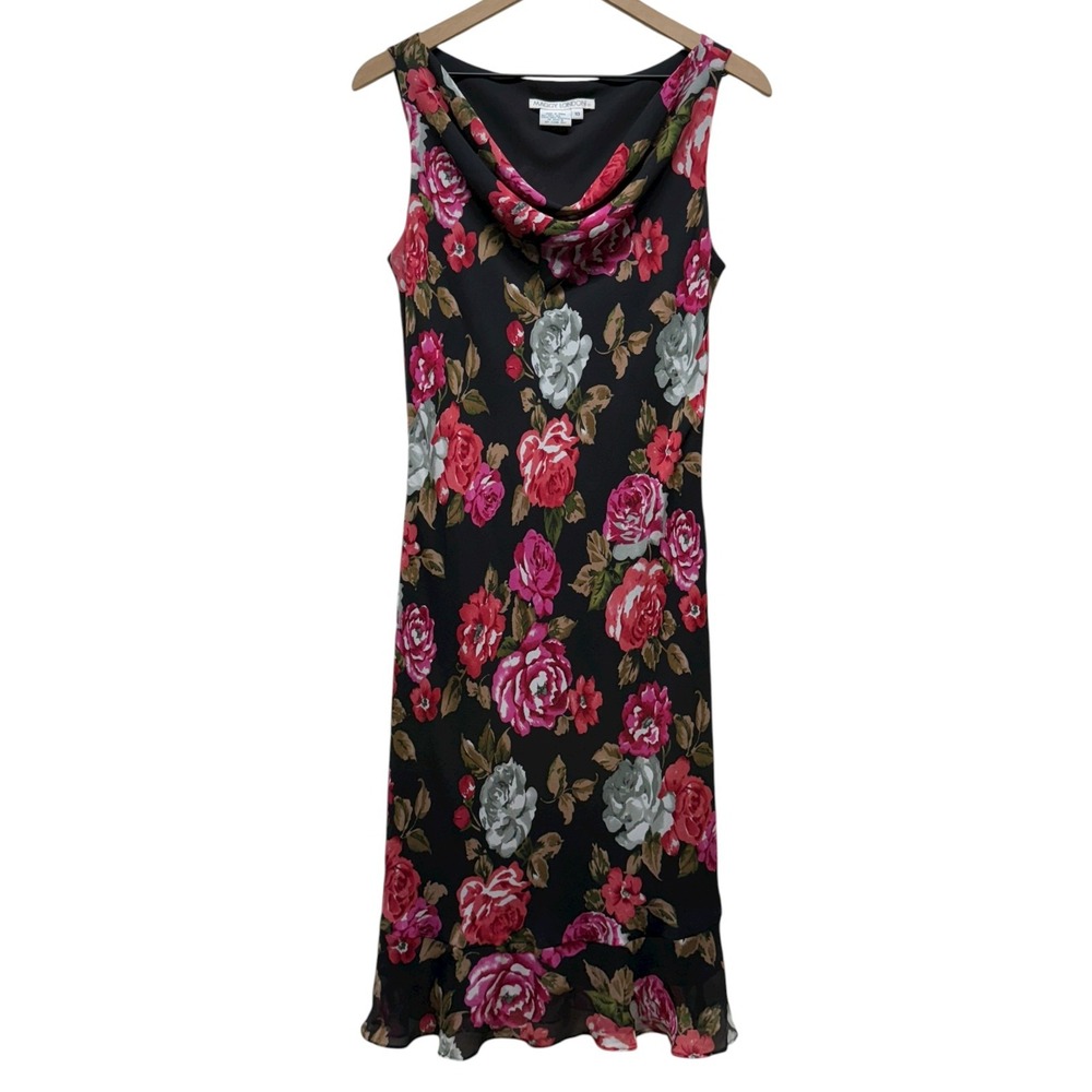 Vtg Maggie London Silk Floral Dress 10 Pink Black Whimsigoth 90s Y2K Cowl Neck